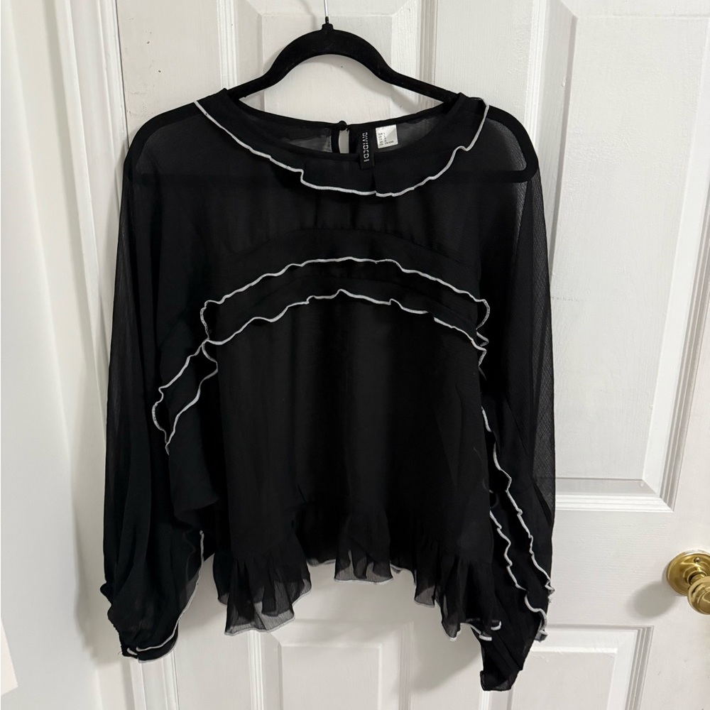 Divided Black Sheer Blouse with White Trim